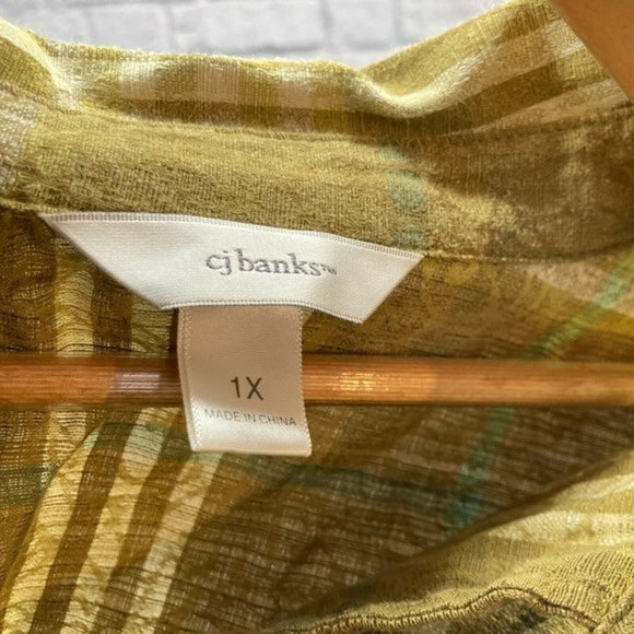 CJ Banks 1X Green‎ Woven Plaid Cotton Blend Button Down Shirt Top Blouse Plus - Picture 3 of 4